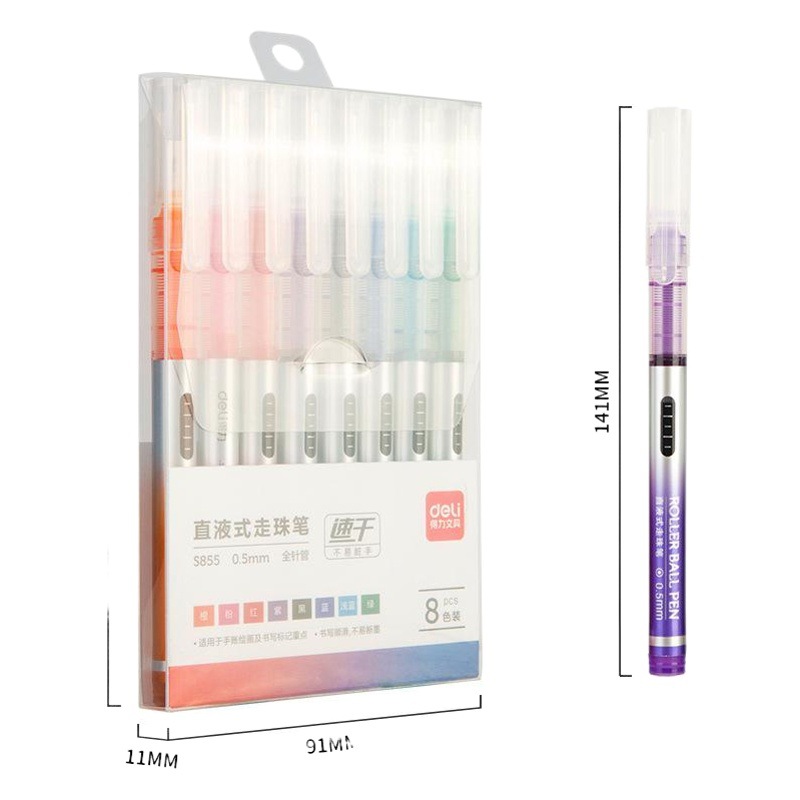 Deli S855 color líquido recta pluma recta bolígrafo líquido gel pluma 0,5mm firma pluma para estudiantes 8 colores/caja