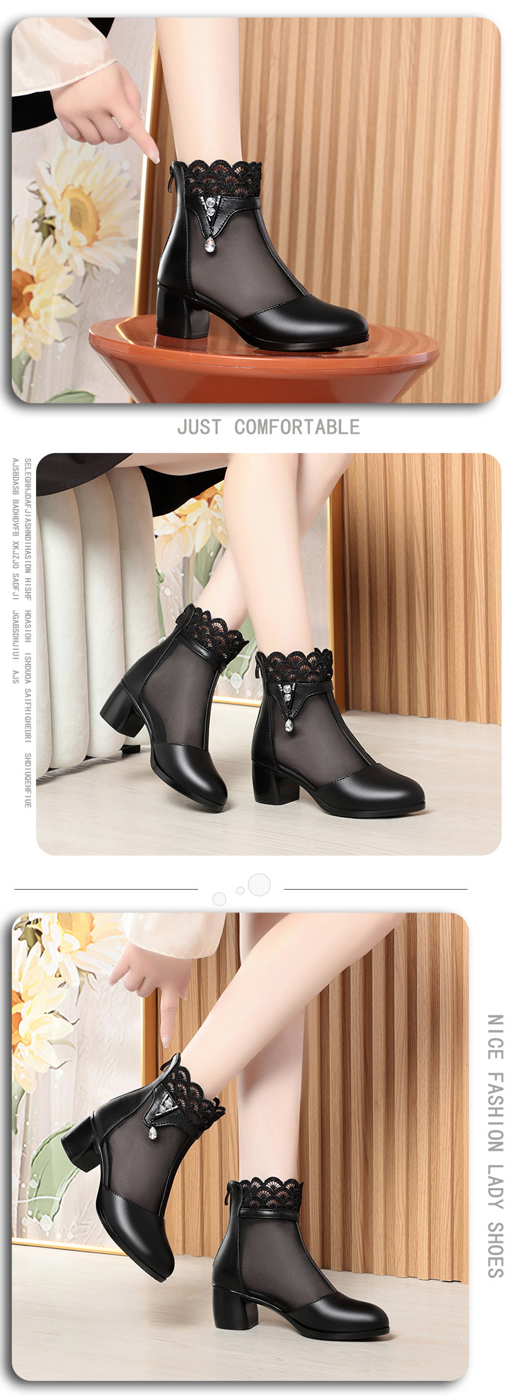 Giày sandal cao gót nữ hở mũi da thật lưới thoáng gót thô — Đen/kiểu hở mũi chi tiết 4