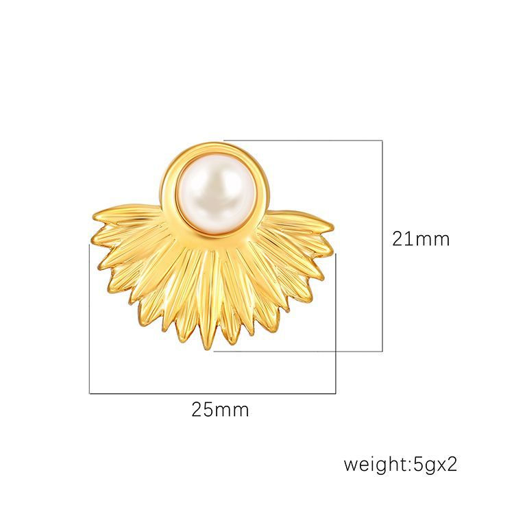 Europa y América de moda retro de alto nivel de acero inoxidable tipo ventilador pendientes de perlas de moda femenina chapado 18K pendientes