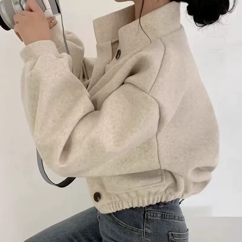 Демисезонное oversize короткое шерстяное пальто, корейский стиль, длинные рукава, повседневный стиль