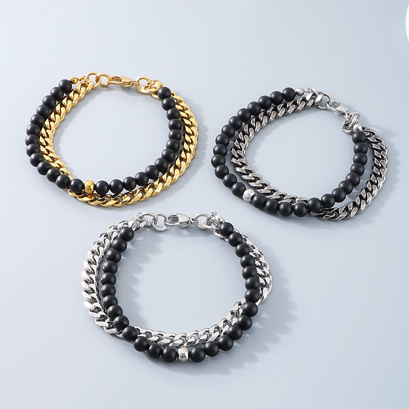 Retro Geometrisch Achat Titan Stahl Perlen Überzug Männer Armbänder Männer Ketten Armbänder display picture 4