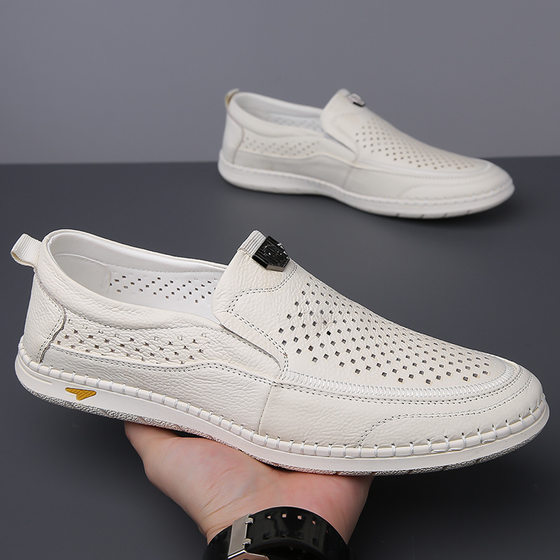 Hollow-out Leather Shoes Summer Fashionable Breathable Real Cowhide Casual Leather Shoes Men's Soft-soled White Shoes Hole Sandals for Hair