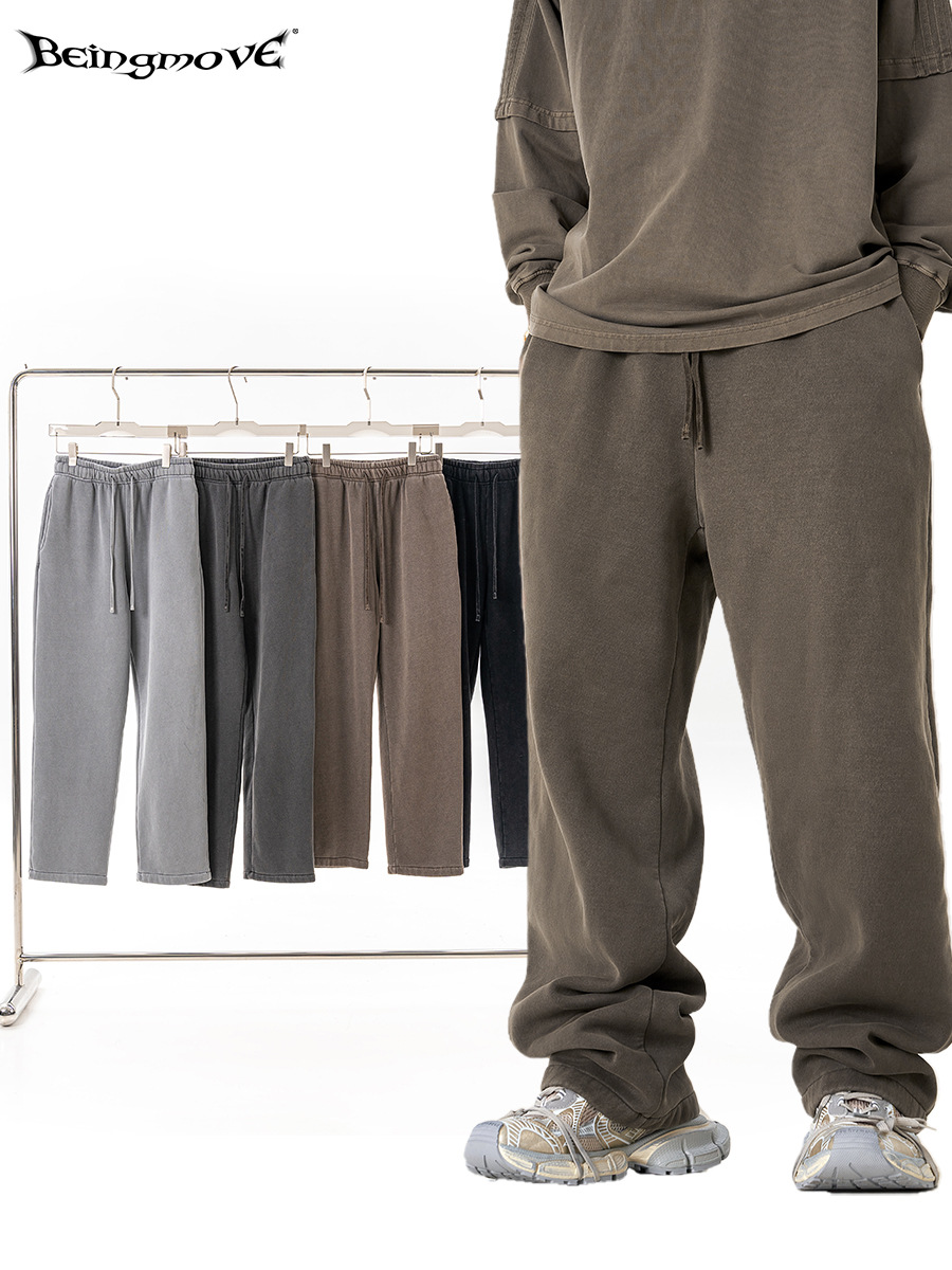 2025 otoño y invierno marca de marea juvenil de color sólido más terciero pantalones deportivos casuales de punto pantalones rectos para hombres pantalones lavados con agua