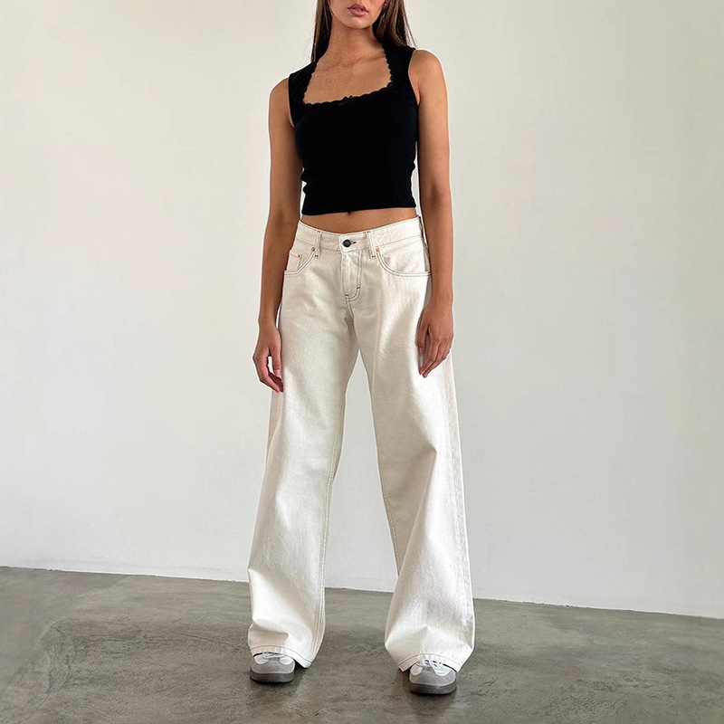 American Style Retro Low Waist Non-Elastic Washed Straight Jeans Women's Autumn New Street Wide Leg Denim Women's Pants American Style Retro Low Waist Non-Elastic Washed Straight Jeans Women's Autumn New Street Wide Leg Denim Women's Pants