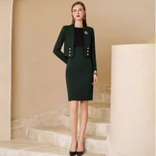 秋冬新款高级感墨绿色短款时尚名媛设计感小香风职业女裙套装正装