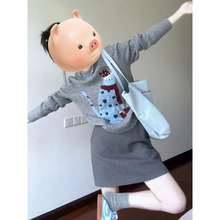 韩系秋季女穿搭慵懒风设计感灰色印花长袖针织毛衣女半身裙两件套