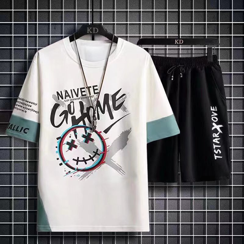 Hip hop Camiseta de manga corta de los hombres de verano de Hong Kong estilo media manga INS de moda todo fósforo camiseta casual pantalones cortos deportivos traje de dos piezas