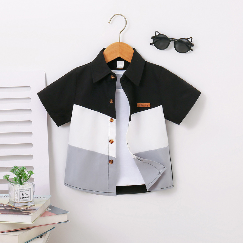 2025 Boys Color Block Lapel Button Short Sleeve Shirt Small and Medium Children Casual Short Sleeve Cardigan