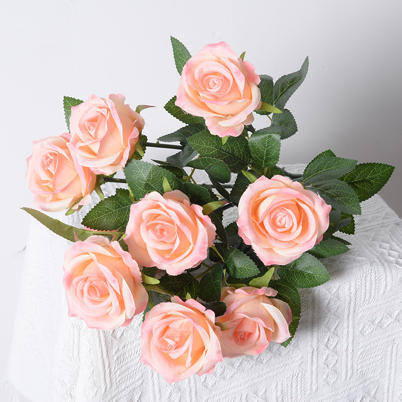Artificial 9-Cabeza de flor Rosa decoración del hogar boda carretera plomo francés tela de seda artificial Rosa artificial ramo al por mayor