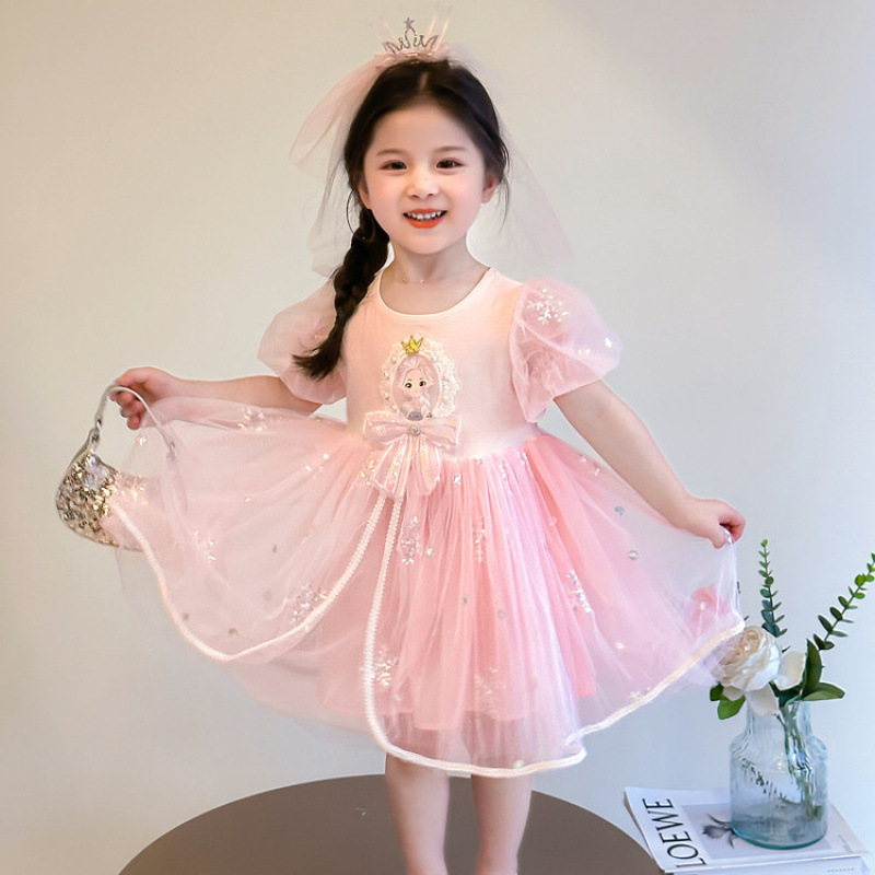 Children's Clothing for Girls 2026 Summer Short-Sleeved Elsa Dress Children's Fashionable Mesh Skirt Princess Dress