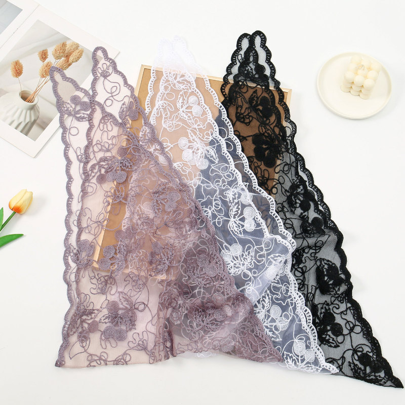 New European and American Fashion Cherry Embroidered Triangle Scarf Versatile Women's Lace Solid Color Shawl High-Quality Decorative Scarf