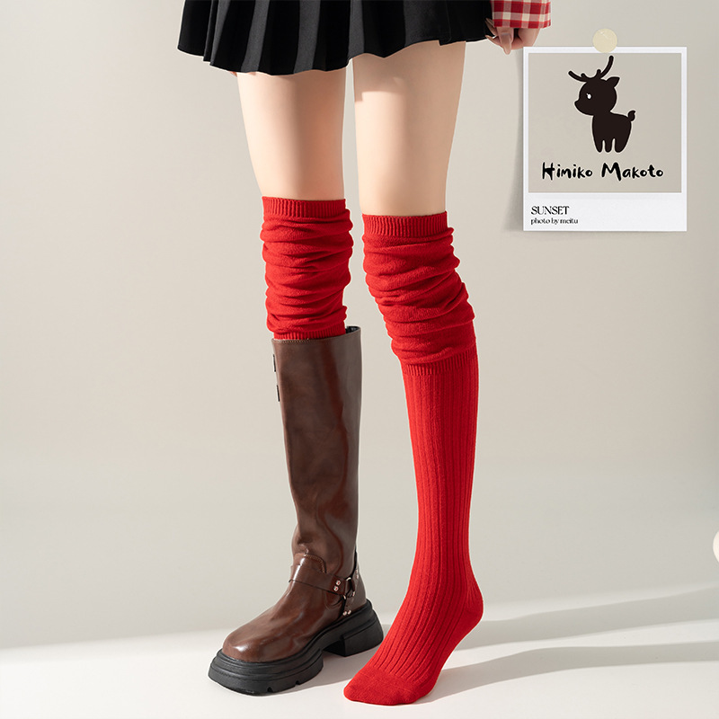 Red New Year Ins Style Autumn and Winter Piled Over-the-Knee Socks Korean Style Long Boots Socks Women's Cotton Festive Festival