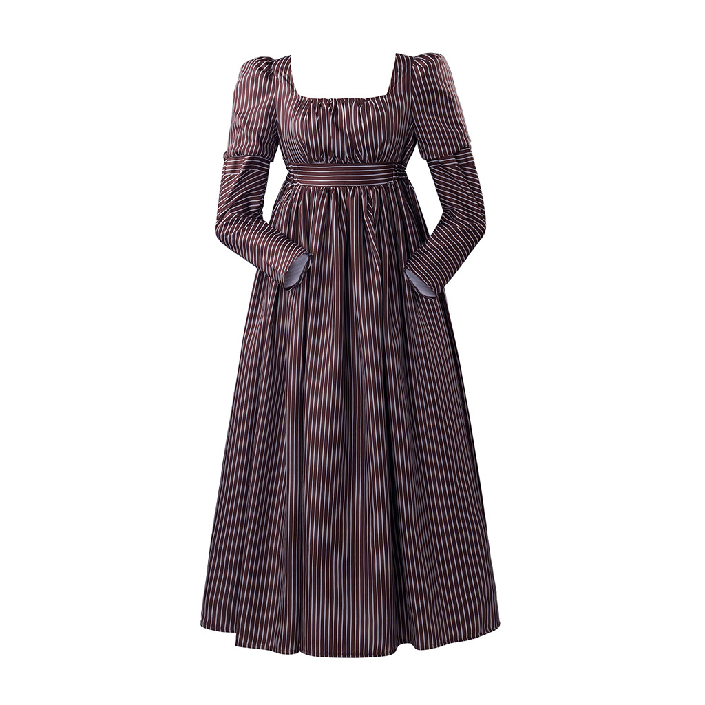 Medieval Brown Striped Regency Dress Ball Gown Victorian High-Waisted Tea Dress Fantasy