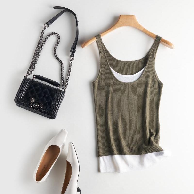 German Yangtze Yarn Fine-Spun Wool Faux Two-Piece Knitwear Layered Versatile Color-Blocked Camisole for Women Summer Round Neck