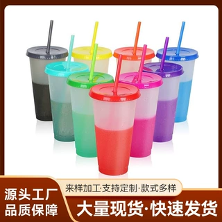 跨境热销新款感温变色杯大容量带吸管创意塑料杯