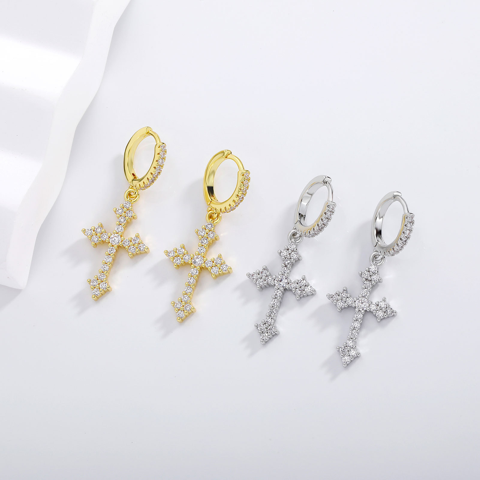 Cross-Border Amazon Popular Cross Rhombus Circle Copper Diamond Earrings Without Piercing Men's Cross Personalized Earrings