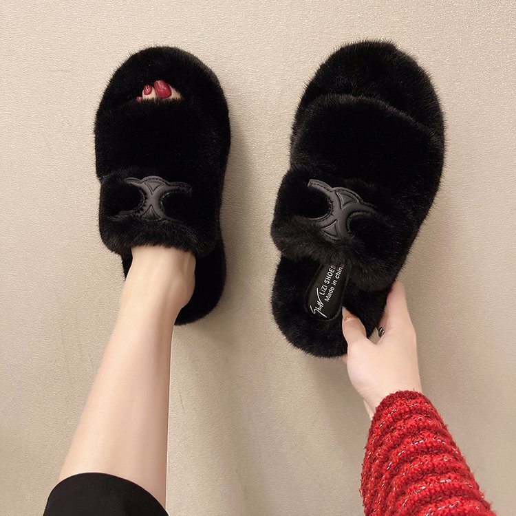 Furry slippers for women's outer wear thick-soled slippers women's wedge heels 2022 new autumn and winter home double-sided cotton slippers_voghion.com