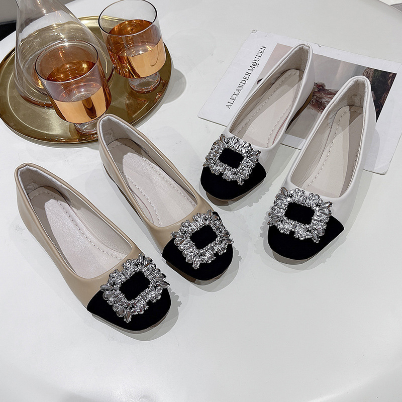 New Chinese-Style Square-Toe Women's Shoes with Soft Soles 2024 New Trendy Rhinestone Square Buckle Sequin Shallow Mouth Loafers Women's Shoes Slip-On