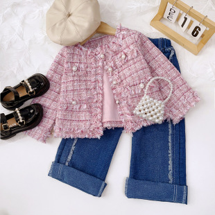 Girls' Socialite Tops, Spring & Fall Clothing, Korean Style Pink Popular Accessible Luxury Baby Style Cardigan Jacket for Children and Middle-Aged Children