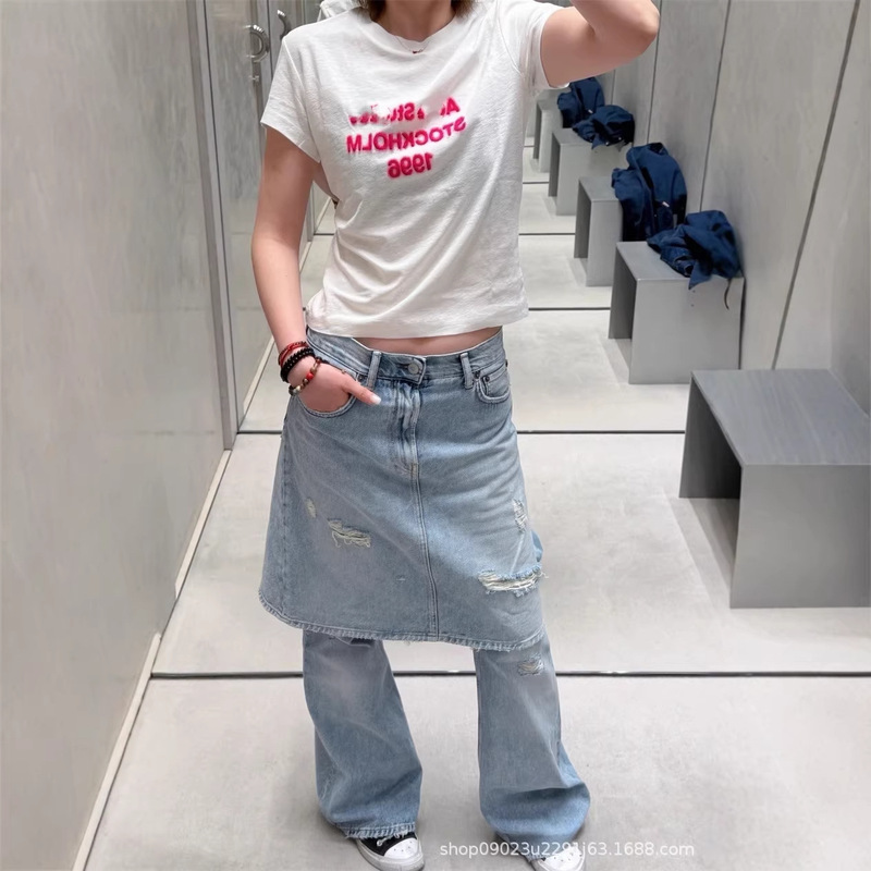 Top Version a Brand Denim Skirt with Faux Two-Piece Design, Light Blue, Spring/Summer, Distressed Distressed Jeans for Women ~ Original Version 6950