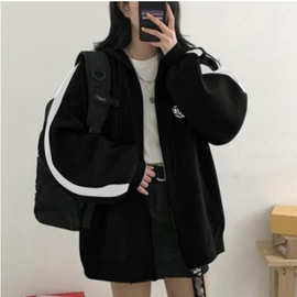 跨境外贸欧美加绒卫衣女韩版原宿风拼色开衫印花字母卫衣拉链外套