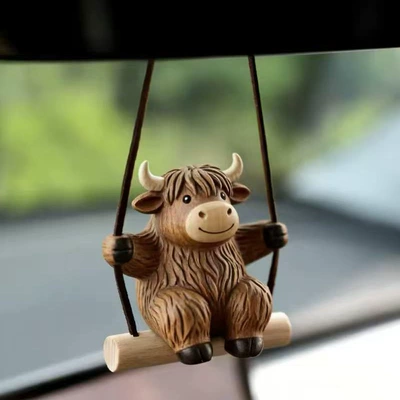 Interesting Highland Cow Swing Car Pendant Car Interior Decoration Cute Car Aromatherapy Rearview Mirror Hanging Ornament Healing Gift (Car hanging) - brown-ordinary-style