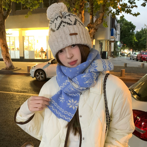 Aesthetic Snowflake Double-Sided Knitted Scarf for Women - Winter New Arrival Korean Style Advanced Feel Thick Warm Scarf for Cold Wave Protection