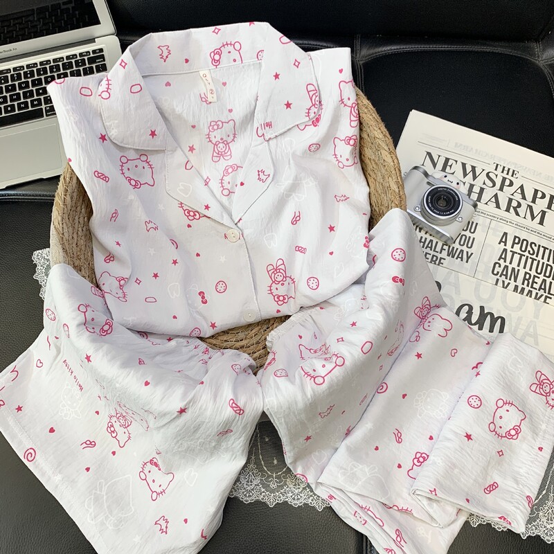 【蓝豹纹凯蒂猫】蓝色豹纹短袖云朵绵三件套褐色领睡衣女夏家居服|undefined