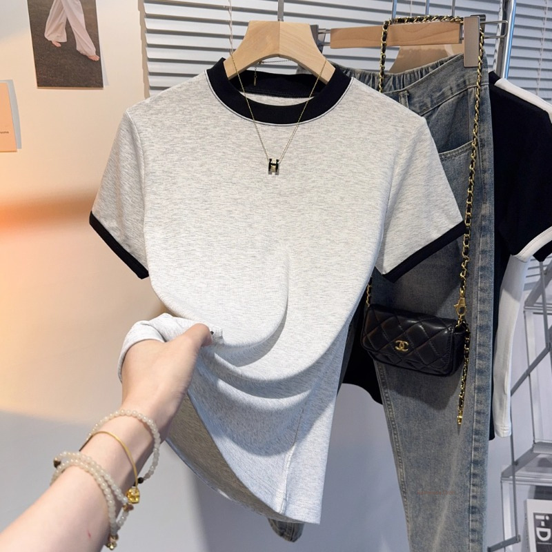 Gray Small Stand-Up Collar Base Shirt for Women, 2026 Summer New Style, High-End Versatile Top, Color-Blocking Short-Sleeve T-Shirt