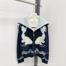 顶版L家韩版重工卡通翻领拉链针织开衫女2024秋冬新款宽松复古毛