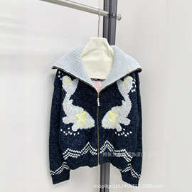 顶版L家韩版重工卡通翻领拉链针织开衫女2024秋冬新款宽松复古毛