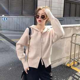2026连帽针织衫女双拉链2023新款设计感复古百搭温柔风开衫小外套