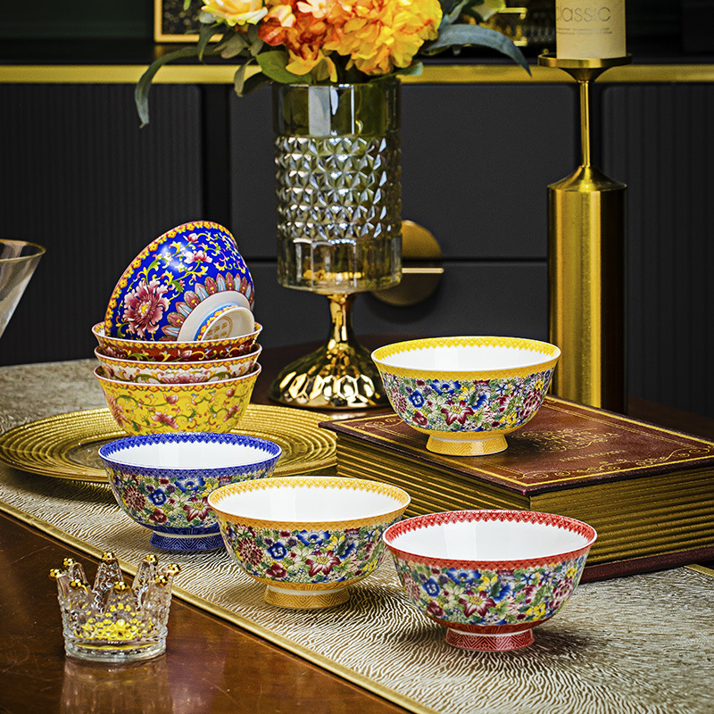 Enamel-Colored 4.5-Inch Rice Bowl, Small Soup Bowl with High Legs, Jingdezhen Bone China Round Bowl, Palace-Style Antique Gift Bowl