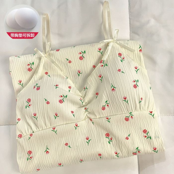 Pijama de verano giratorio desmontable con cojín de pecho dulce lindo vestido de algodón arrugado ropa para el hogar