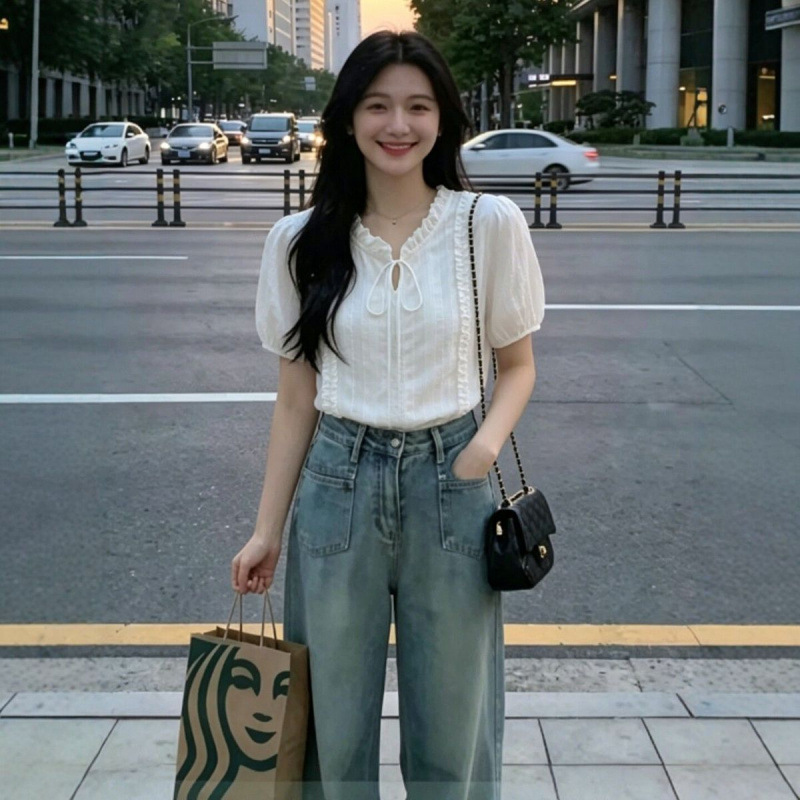 法式温柔风蕾丝花边系带短袖加内里衬衫女夏韩系甜美显V领上衣