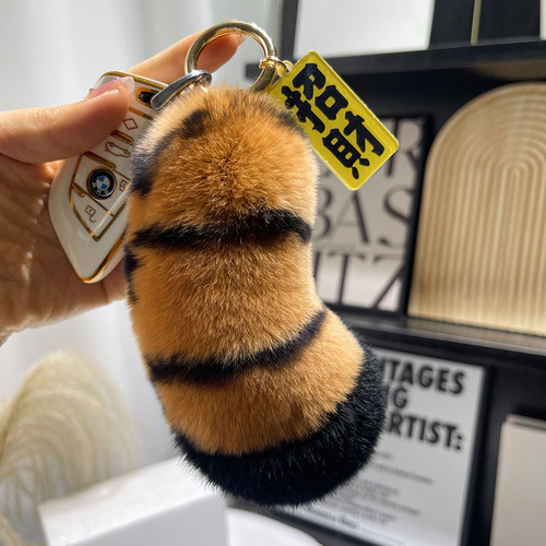 [Tiger Tail] Cute real Rex rabbit fur car keychain pendant plush couple gift school bag pendant