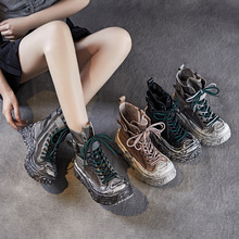 2025夏新款牛皮凉靴圆头休闲高跟女鞋透气舒适高帮厚底运动风网靴