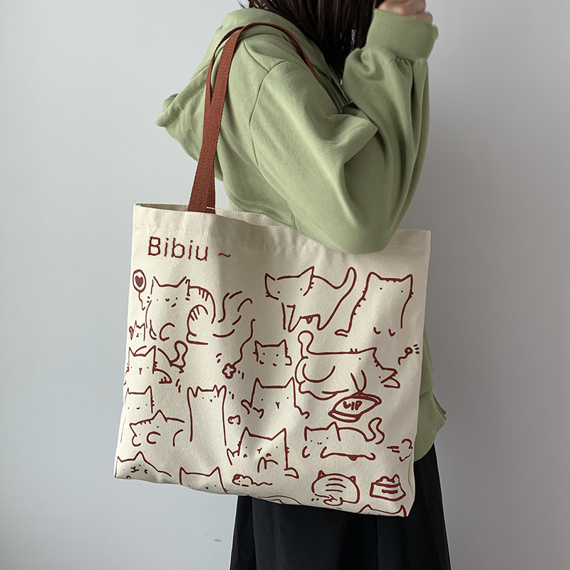 2024 Art Design Cute Animal Hand-painted Illustration Shoulder Bag School Bag Artistic Retro Large Capacity Canvas Bag Women_voghion.com