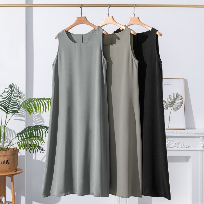 Heavy Weight Silk Dress Women's Summer Black Mulberry Silk Long Skirt Round Neck Sleeveless Vest Dress Long Inner Wear