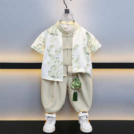 男童汉服夏季短袖套装2025年新款儿童装国风衬衫盘扣唐装两件套潮