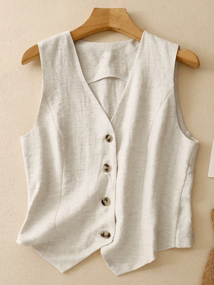 Summer Outer Suit V Neck Linen Vest for Women Pure Color Elegant Slim Sleeveless Vest Cotton and Linen Waistcoat Thin Top