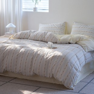 Korean Cotton Yarn-dyed Striped Jacquard Bed Four-piece Set Pure Cotton Washed Cotton Bed Sheet Ins Style Bedding