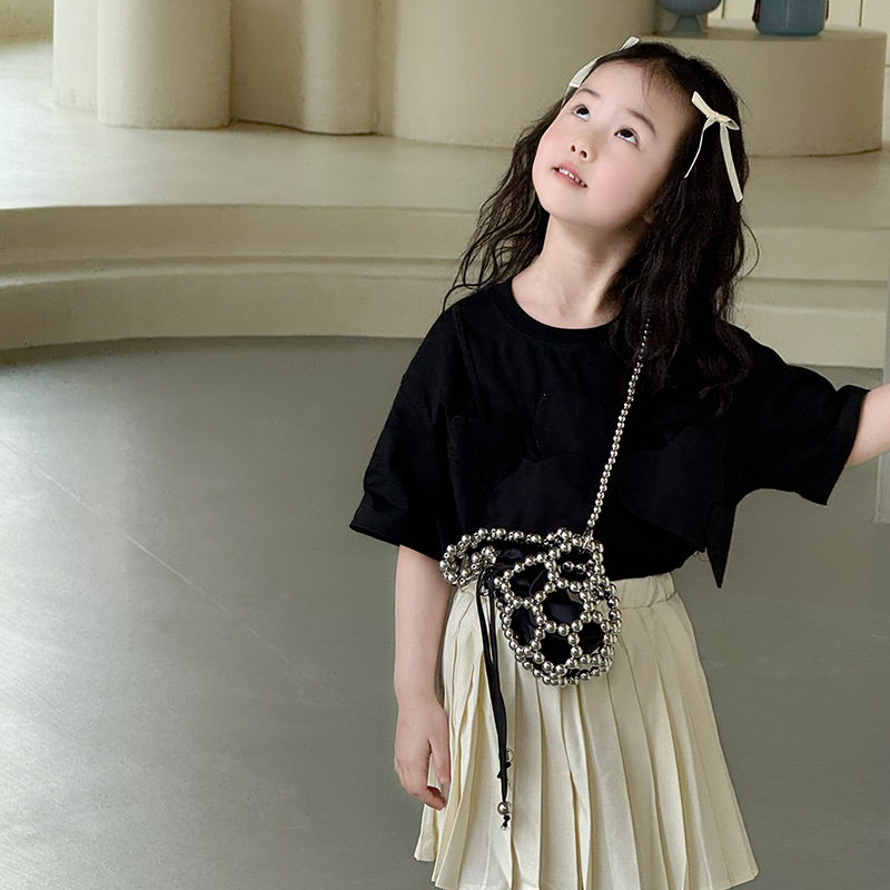 Bolso de princesa perla hueca dulce, mini bolso de hombro para niños y niñas de estilo occidental, bolso de cubo para niños de estilo nuevo de verano