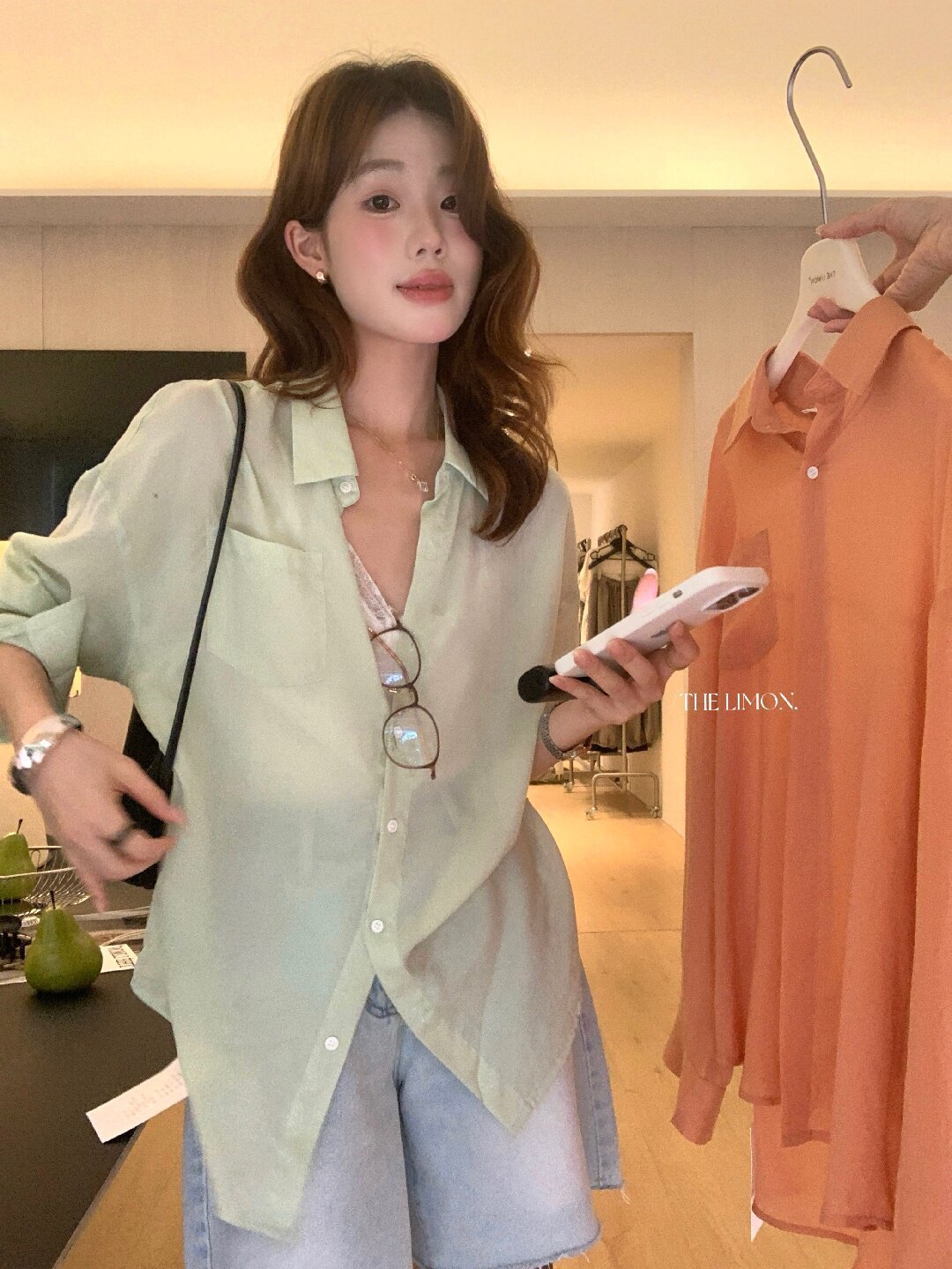 Áo sơ mi nữ tay dài chất liệu tencel phong cách lười biếng ấm áp — Vàng nhạt, xanh lam, Xanh lá cây nhạtcolor, màu hồng chi tiết 52