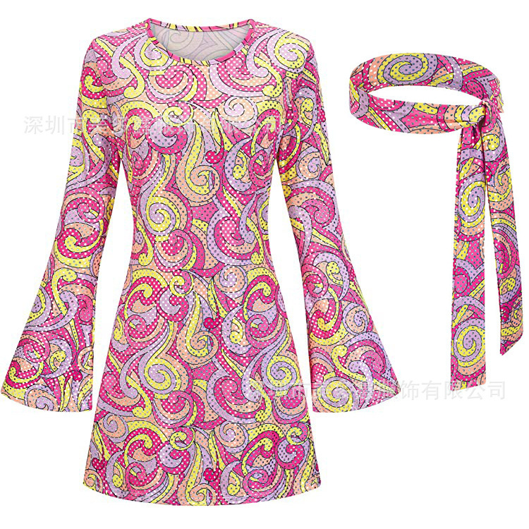 Halloween 70S Hippie Disco Costume Gogo Dress Headscarf + Dress Two-Piece Set Retro Style
