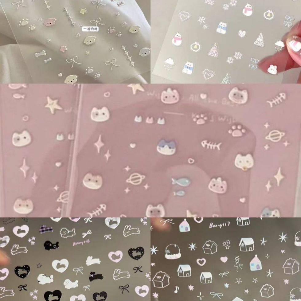 Ins Winter Snow Scene Simple Style Hand-Painted Cute Cats and Dogs 5D Relief Nail Art Stickers Nail Stickers Adhesive Stickers