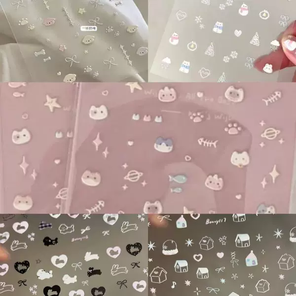 Ins Winter Snow Scene Simple Style Hand-Painted Cute Cats and Dogs 5D Relief Nail Art Stickers Nail Stickers Adhesive Stickers