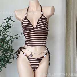 美式复古风辣妹风条纹女比基尼性感低腰抽绳系带辣妹度假游泳衣女