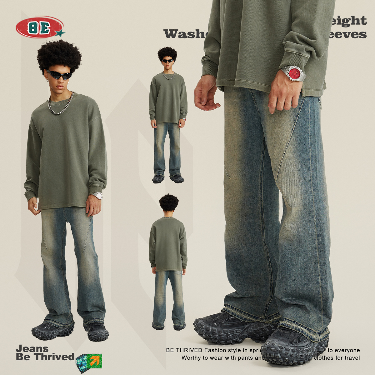 BE ropa de hombre | 2025 primavera estilo americano de moda suelta lavado de marca destrucción vibe estilo micro-corte jeans pantalones hombres de moda