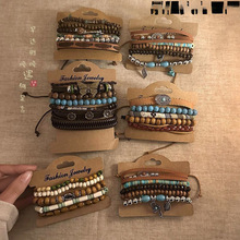 波西米亚复古檀木蝴蝶皮质手链女天然石叠戴个性高颜值学生党手饰